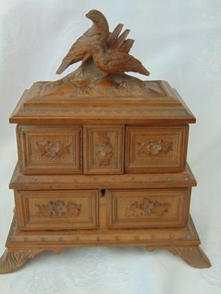 Antique 19th Century Black Forest Hand Carved Jewellery Box Casket - Quails