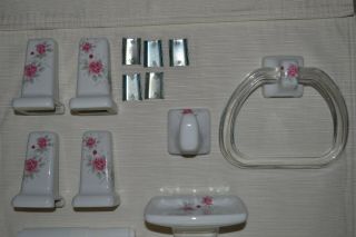 Vintage Ceramic/porcelain 5 Piece Set Bathroom Accessories Floral Pink
