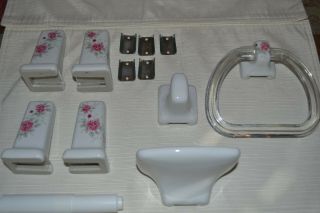 Vintage Ceramic/Porcelain 5 Piece Set Bathroom Accessories Floral Pink 2