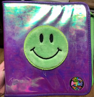 Vtg Lisa Frank Fuzzy Smiley Face Ring Binder Trapper Keeper Neon Green Groovy