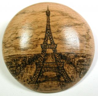 Lg Sz Vintage Wood Button With Detailed Eiffel Tower Scene - 1 & 13/16 "