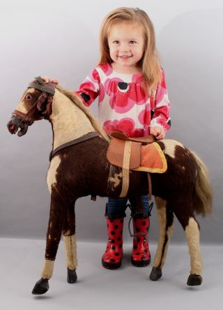 Antique 19thc American Folk Art Pinto Horsehide Wood Toy Horse & Saddle,  Nr