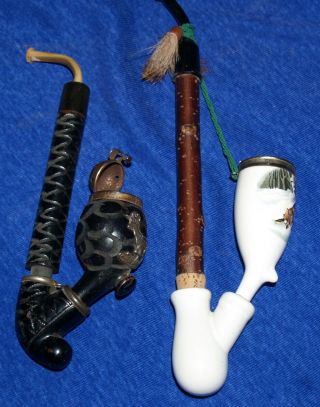 2 Vintage Folk Art Porcelain & Wood & Metal Tobacco Pipes with Lidded Bowl 2