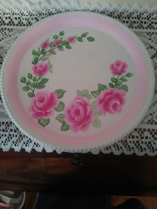 Shabby Chic Hand Painted Pink Roses Vintage White Gold Plate Tray