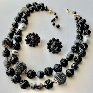 Signed Japan Vintage Black Molded Glass Bead Necklace & Cluster Earrings Set 672