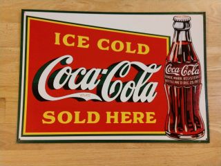 Vintage Coca - Cola Ice Cold Here Metal Sign 16 3/4x 11 3/4 Inches.