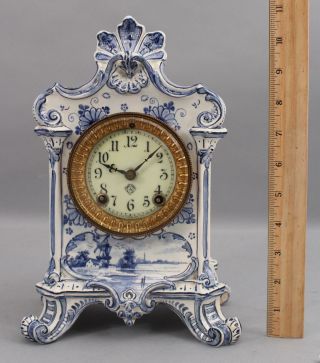 Antique Ansonia Hand Painted Delft Porcelain Mantle Clock,