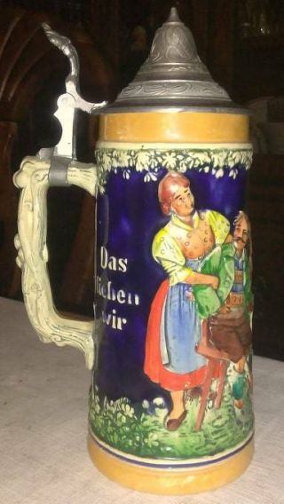 Vintage German Hand Painted Ceramic Beer Stein W/metal Lid " Froh Beim Bier Das L