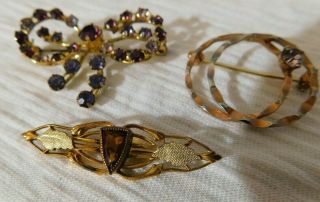 Set Of 3 Antique Vintage Pins Purple Crystal Rhinestone Bow.  Gold Glass Ornate