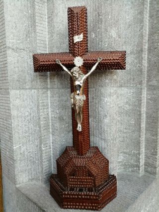 Big Antique Standing Tramp Carved Wood Folkart Cross Crucifix Metal Jesus Christ