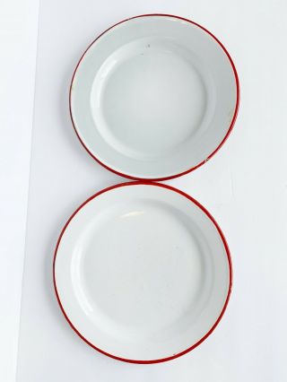 Vintage Red And White Enamelware Two Dinner Plates Camping Dish Farmhouse Decor