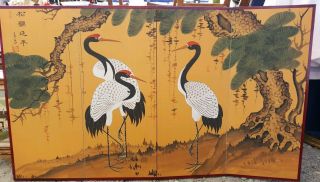 Antique Japanese Byobu Cranes 4 Panel Folding Screen Painting 35 " X 70 "