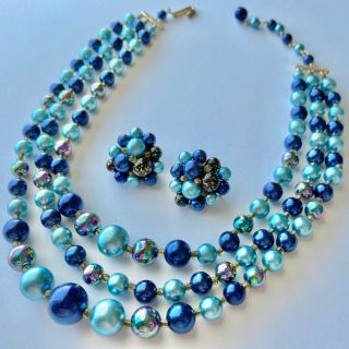 Signed Japan Vintage Triple Strand Blue Bead Necklace & Cluster Earrings Set 408