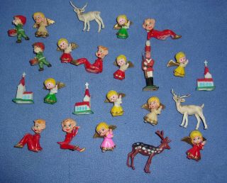 23 Vintage Miniature Plastic Christmas Figures - Santa,  Reindeer,  Elves,  Angels