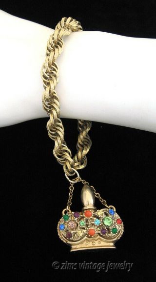 Vintage Gold Miniature Perfume Bottle Jeweled Rhinestone Crown Charm Bracelet