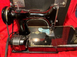 Antique Singer 221 - 1 Featherweight Sewing Machine.  Case Pedal Attachments