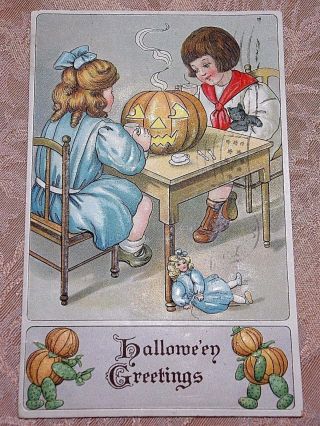 Vintage 1909 Halloween Postcard Boy Girl & Pumpkin People Empossed