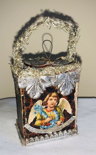 Antique German Dresden Candy Container Box W/ Scrap Angel Christmas Ornament