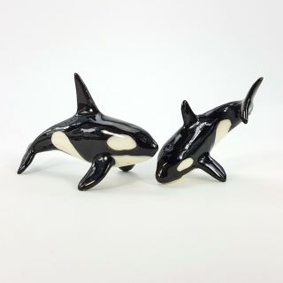 Vintage Hagen Renaker Miniature Figurine Set 2 Orca Killer Whales Black White