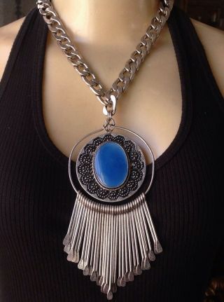 Vintage Artisan Necklace Huge Exotic Blue Chalcedony Pendant