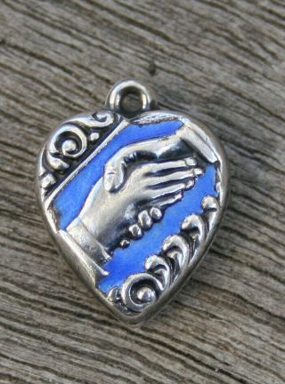 Vintage Sterling Puffy Heart Charm - Handshake With Blue Enamel & Swirls Borders