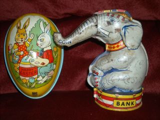 Vintage J.  Chein Tin Litho Circus Elephant Bank & Easter Egg Candy Tin