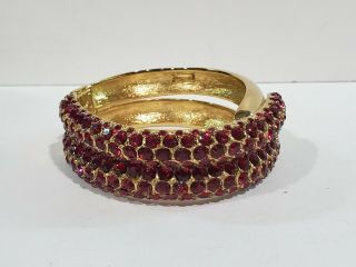 Ciner Vintage Designer Gold Plated Red Rhinestone Hinged Bangle Bracelet