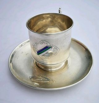 Antique 1881 Imperial Russian Silver Tea Cup Saucer Moscow A S Egorov W/ Enamel
