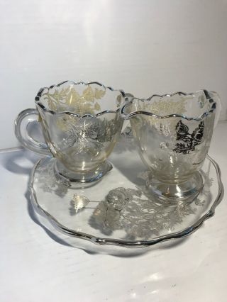 Vintage Footed Glass Creamer & Sugar Bowl Set W/slvr Trim And Floral Design 3 Pc