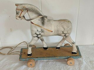 Antique Pull Toy Horse Carved Wood Gesso On Platform 11 1/2 " Tall 11 3/4 " Long