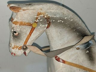 ANTIQUE PULL TOY HORSE CARVED WOOD GESSO ON PLATFORM 11 1/2 