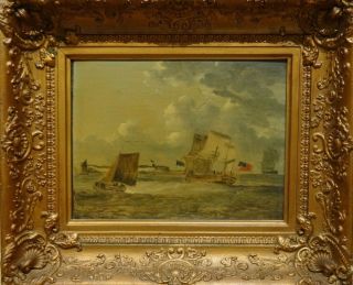 18th Century English School Navy Ships Sailing Antique Marine Oil Painting