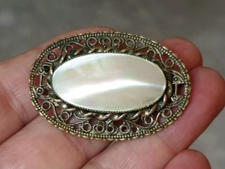 Edwardian Vintage Czech Jewellery Crafted Mother Of Pearl Gold Brooch Shawl Pin