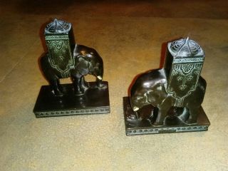 Antique 1923 Art Deco L.  V.  Aronson Bronze Royal Elephants Bookends Pair
