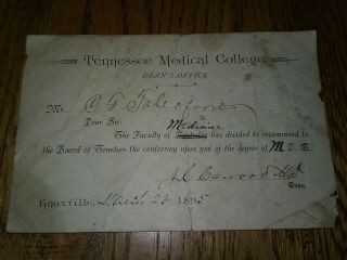 Vintage Tennessee Medical College 1895 Knoxville Tennessee Document Medicine