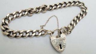 Heavy Quality Vintage Solid Sterling Silver Bracelet With Ornate Heart Padlock