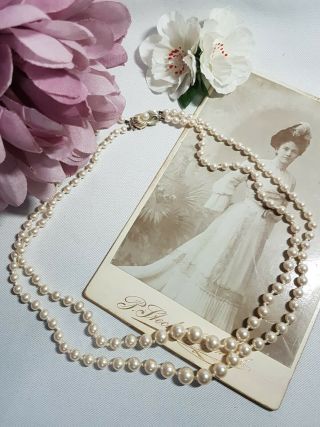 Lovely Vintage Double Strand Hand Knotted Faux Pearl Necklace 925 Silver Clasp A