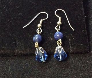 Vintage Sterling Silver Lapis And Blue Crystal Dangle Earrings