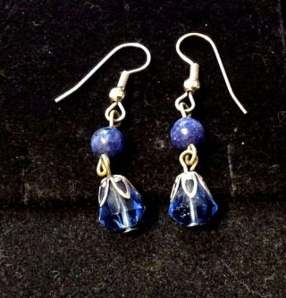 VINTAGE STERLING SILVER LAPIS AND BLUE CRYSTAL DANGLE EARRINGS 2