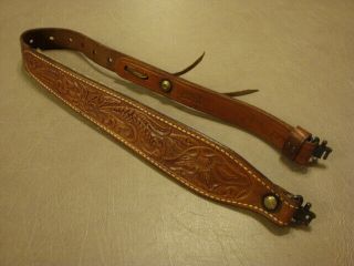 Vintage Bianchi Cobra Brown Tooled Leather Rifle Sling With Swivels