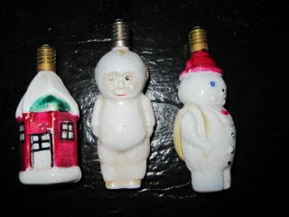 Three (3) Vintage Milk Glass Christmas Lights Kewpie Snowman House All Work C6