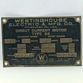Vtg Brass Westinghouse Electric Direct Current Motor Id Tag Data Plate Type Sk