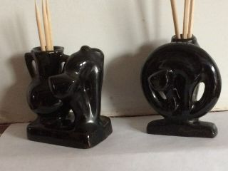 Vintage Ceramic Black Cat Match Or Toothpick Holders Made In Japan Redware