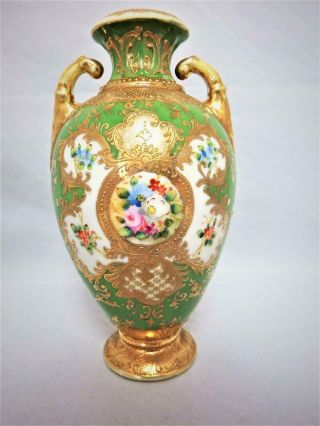 Antique Noritake Porcelain Japan Hand Painted & Gilded Green Vase 1910