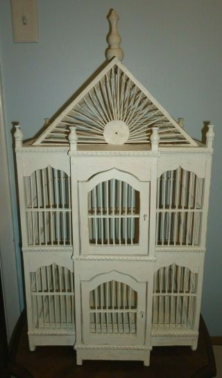 Large 30 " Antique White Wood Bird Cage Victorian Look Shabby Decorative Two Door
