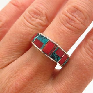 Ray Tracey Old Pawn Vintage 925 Sterling Silver 8 Turquoise & Coral Tribal Ring