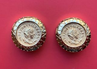 Vintage Signed Carolee Roman Coin Disc Earrings Gold Tone Clip On Estate
