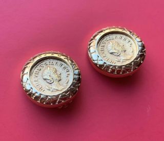 Vintage Signed CAROLEE ROMAN COIN DISC EARRINGS Gold Tone Clip On Estate 2