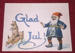 Vintage Swedish Mini Postcard Gnome Elf Pigs Christmas Glad Jul Stockholm