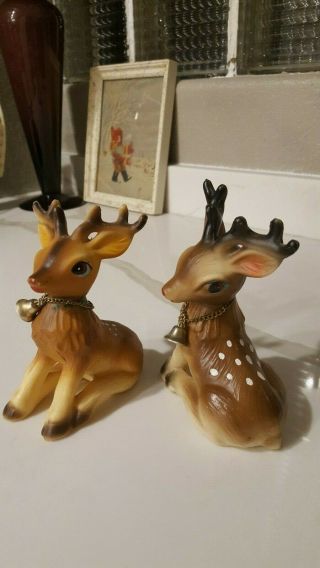 2 Vintage Rubber Reindeer W/chain Bell Wonderful Marked Made In Japan